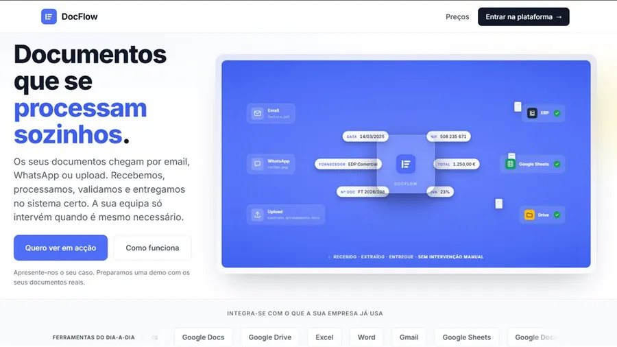 Página do DocFlow: documentos que chegam por email, WhatsApp ou upload são processados e entregues no sistema certo.